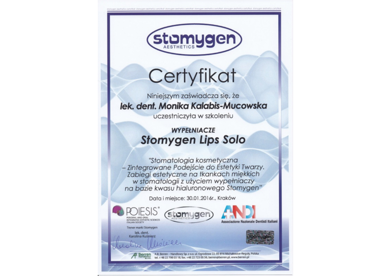 Certyfikat dr Moniki Kalabis-Mucowskiej - Stomygen poziom 1