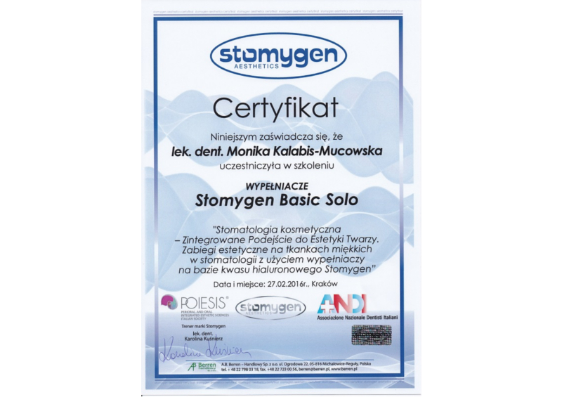 Certyfikat dr Moniki Kalabis-Mucowskiej - Stomygen poziom 2