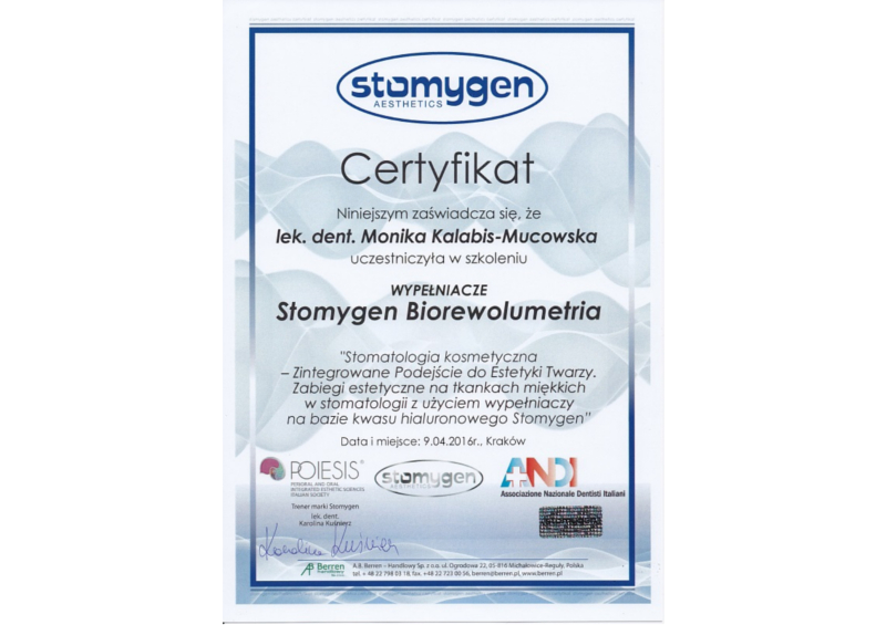Certyfikat dr Moniki Kalabis-Mucowskiej - Stomygen poziom 3