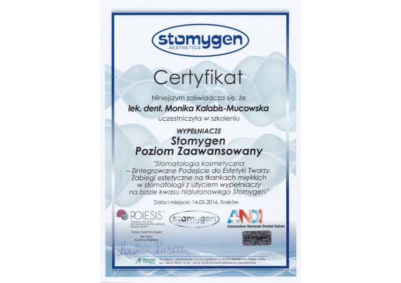 Certyfikat dr Moniki Kalabis-Mucowskiej - Stomygen poziom 4