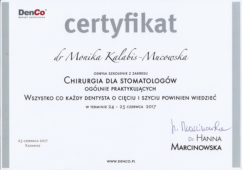 Certyfikat dr Moniki Kalabis-Mucowskiej - chirurgia stomatologiczna