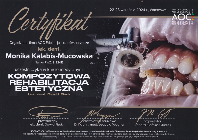 Certyfikat dr Moniki Kalabis-Mucowskiej - kompozytowa rehabilitacja zwarcia