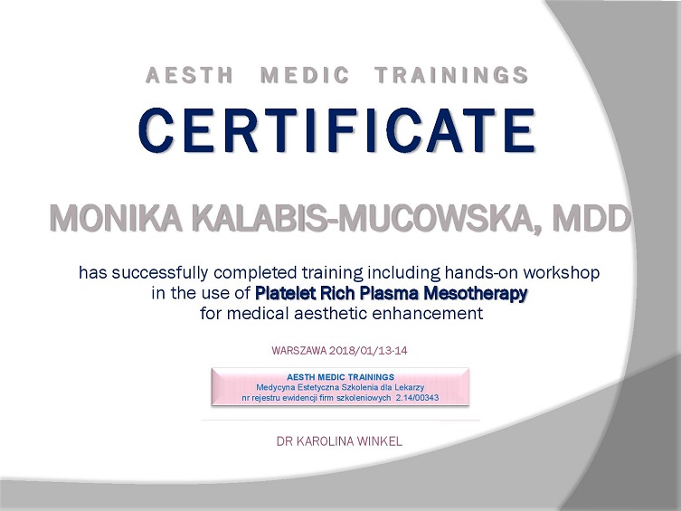 Certyfikat dr Moniki Kalabis-Mucowskiej - zaawansowana mezoterapia