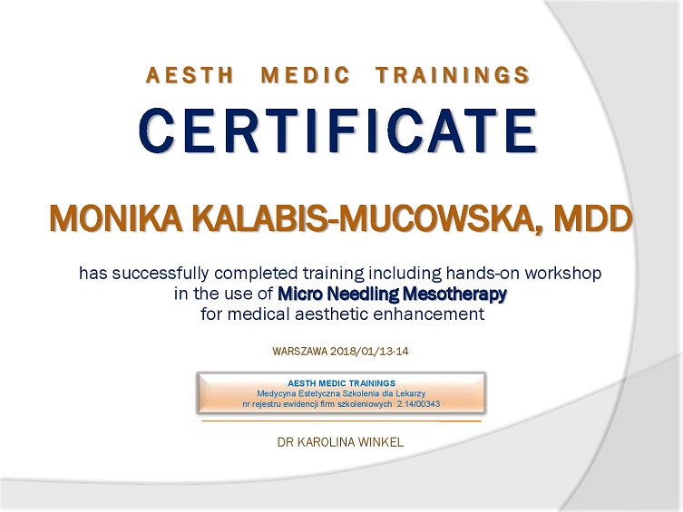 Certyfikat dr Moniki Kalabis-Mucowskiej - mezoterapia igłowa