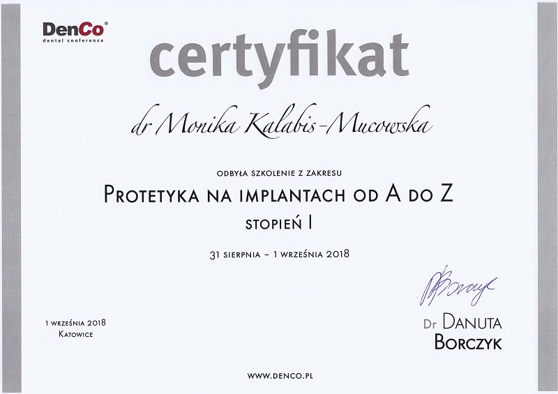 Certyfikat dr Moniki Kalabis-Mucowskiej - protetyka na implantach